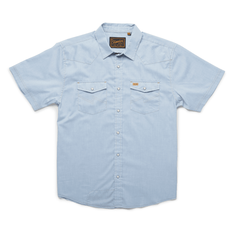 Howler Brothers H Bar B Short Sleeve Snapshirt for Men Faded Blue Oxford